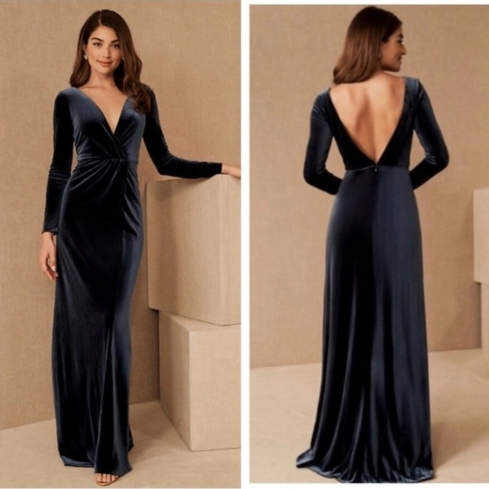 BHLDN Jenny Yoo Ryland Velvet Blue Maxi Dress Long Sleeve